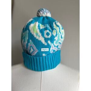 Vintage 80s Blue Wool Beanie Pom Pom Pastel Rolled